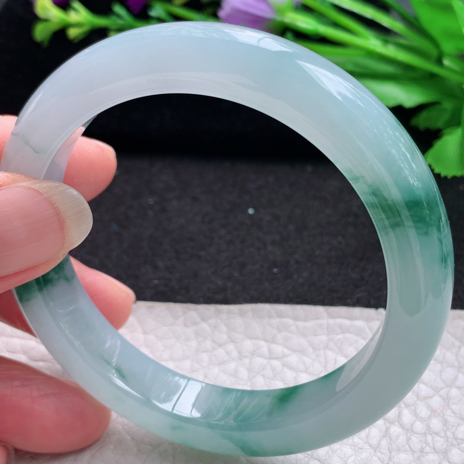 yh飘逸款55*11.5*8.6平安镯 缅甸翡翠A货玉手镯精美冰飘花宽边玉手镯