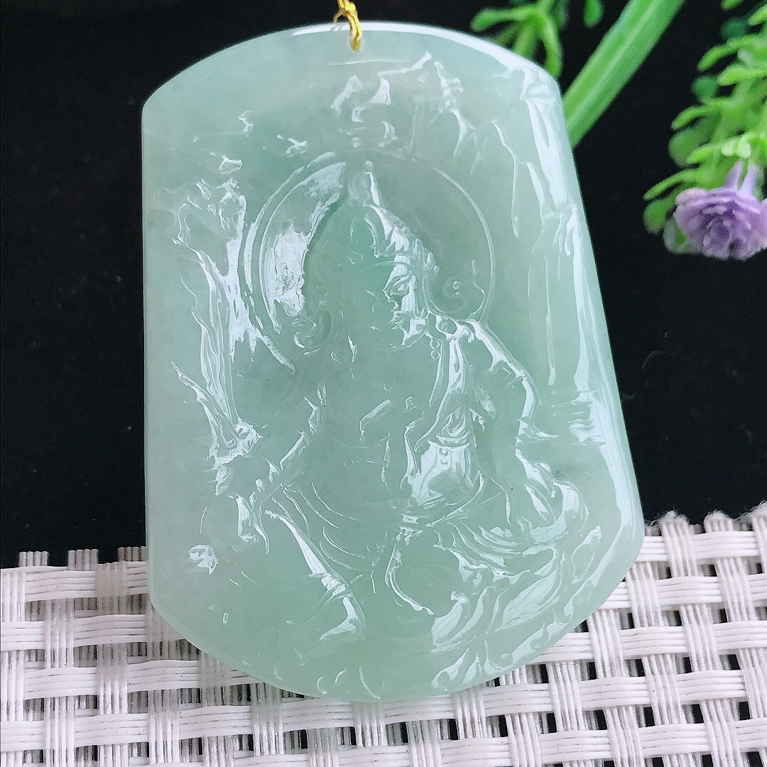 实拍A货翡翠54.8/41.3/5.5老坑冰润起胶冰晴绿黄财神吊坠翡翠玉挂件