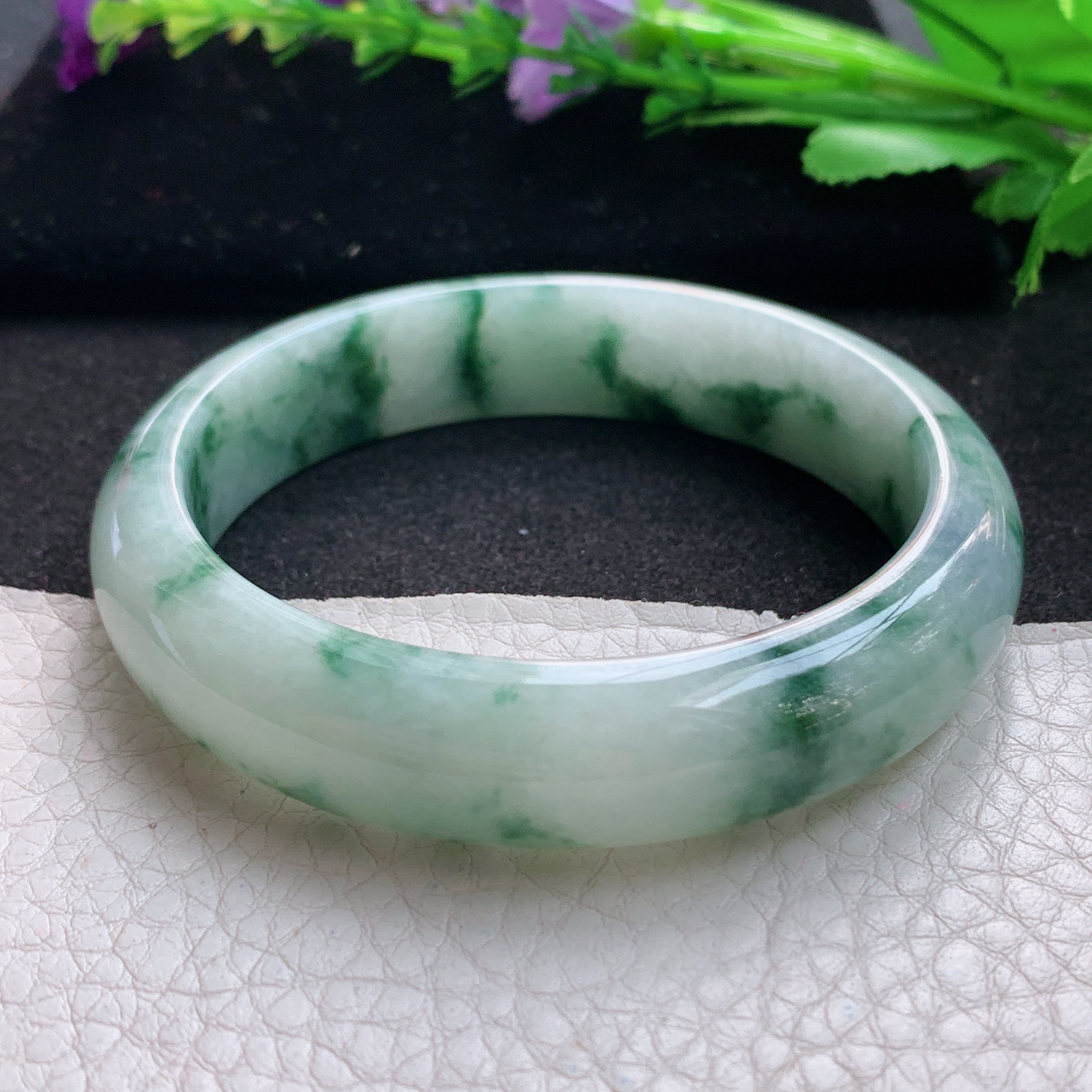 js实拍57.5*13.6*7.6平安镯 缅甸翡翠A货玉手镯精美飘花正圈玉手镯