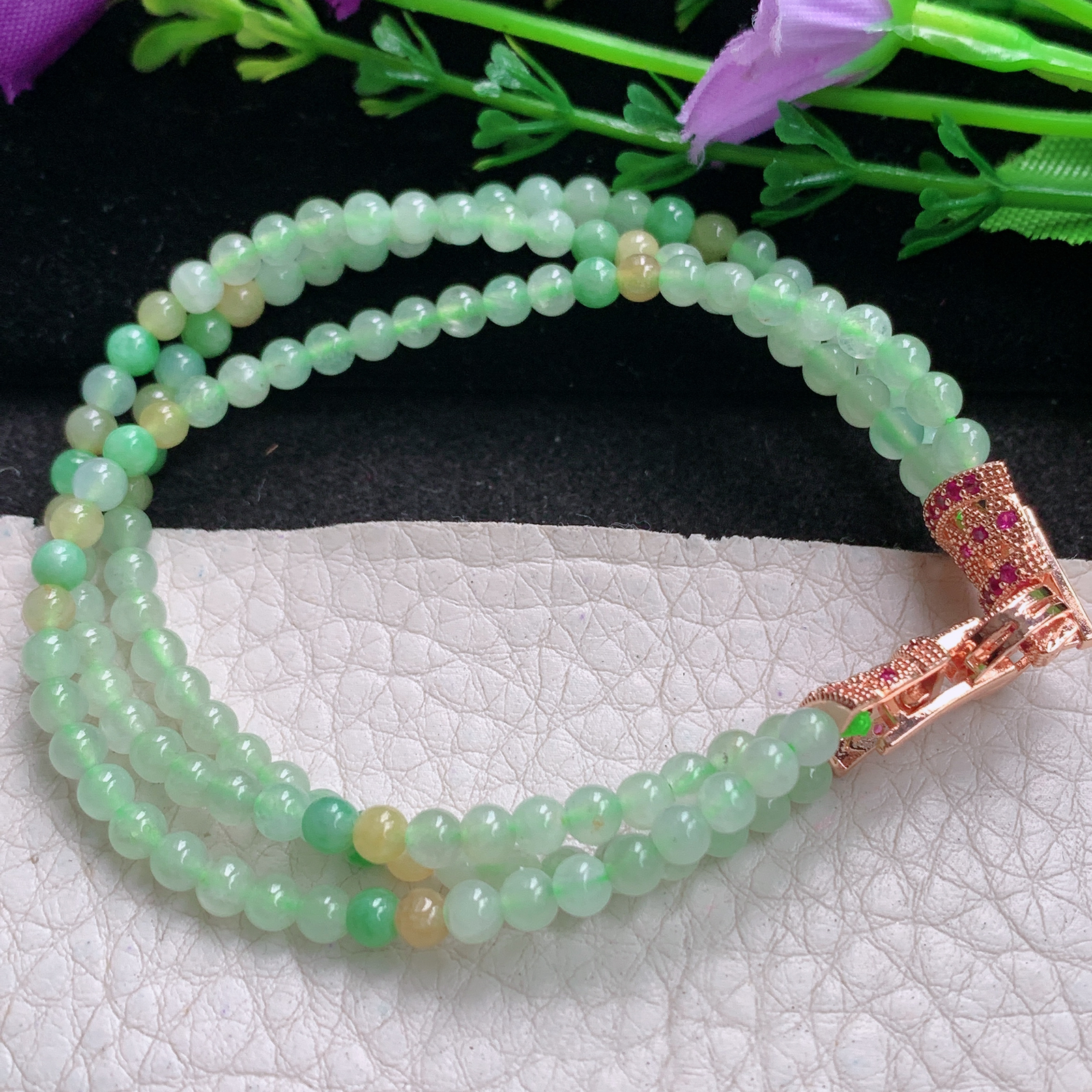 zz3实拍4mm 天然翡翠圆润冰三彩圆珠手串 精美小巧款手链 配饰为装饰件