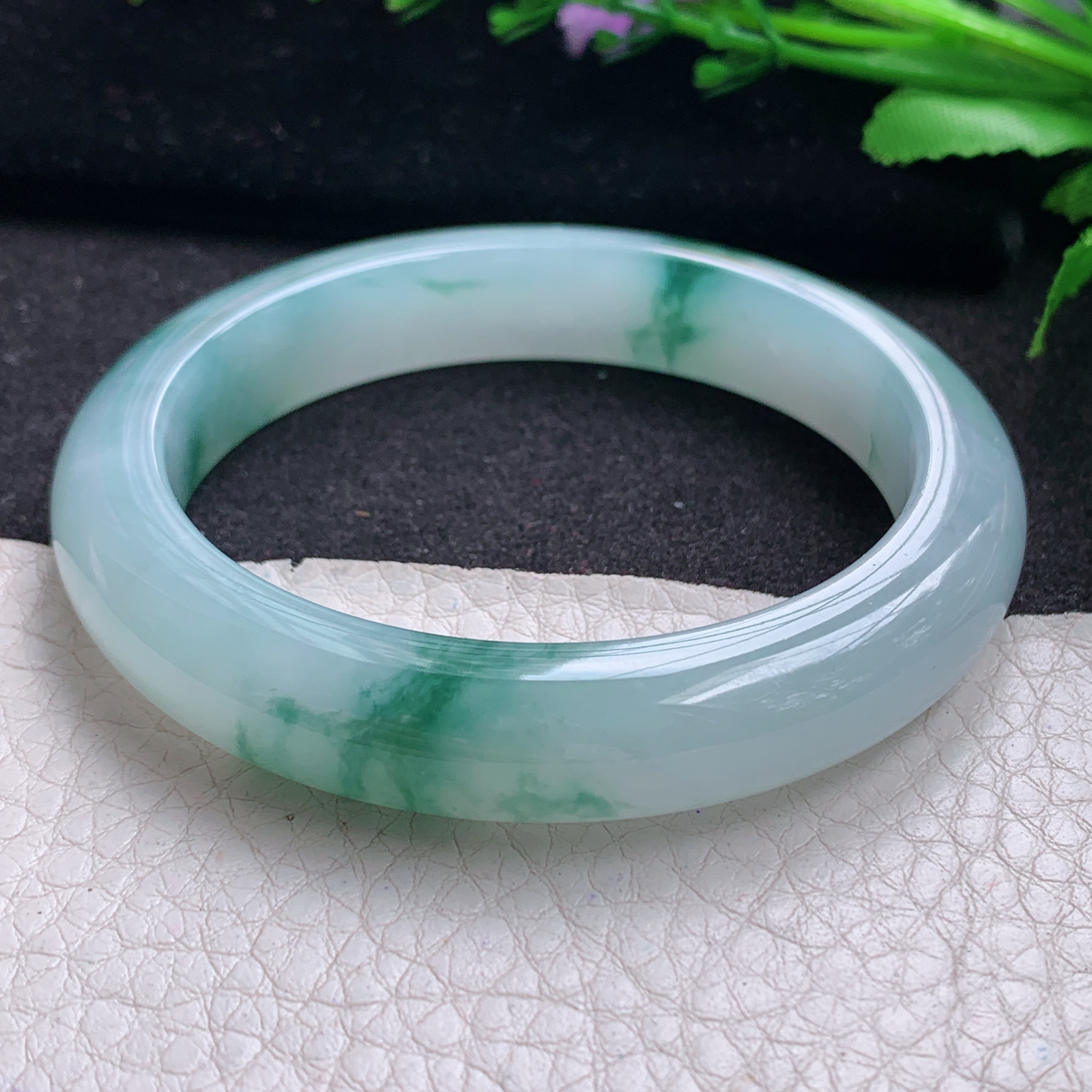 yh飘逸款55*11.5*8.6平安镯 缅甸翡翠A货玉手镯精美冰飘花宽边玉手镯