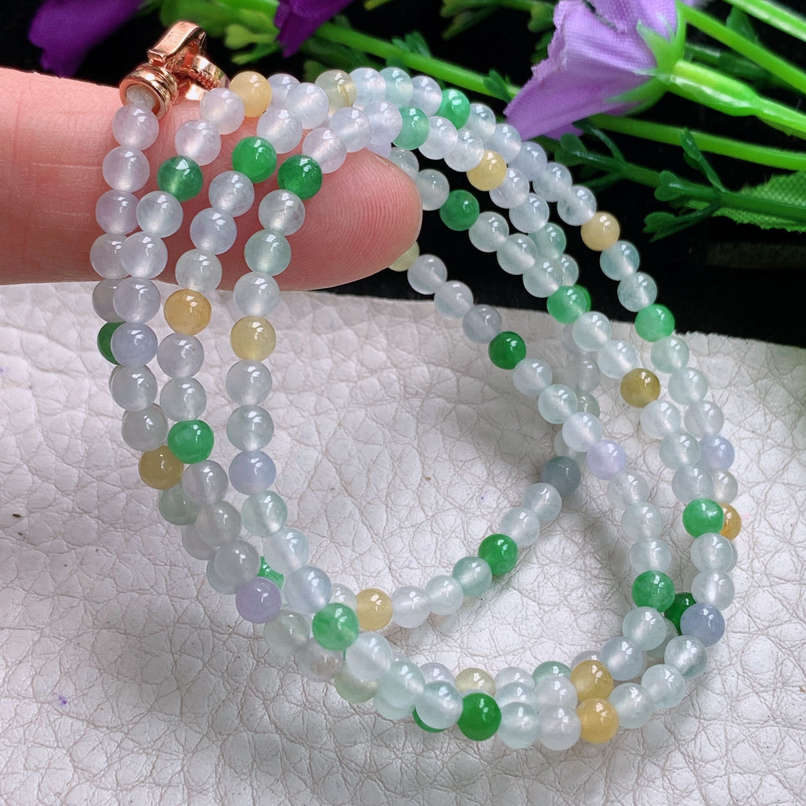 xo实拍4mm 天然缅甸翡翠冰透三彩圆珠项链 佛珠链手串毛衣链 周长约:660mm