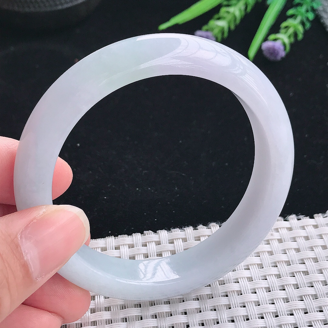 实拍A货翡翠57/12.8/8.8老坑秀气温润浅紫色手镯玉镯手环