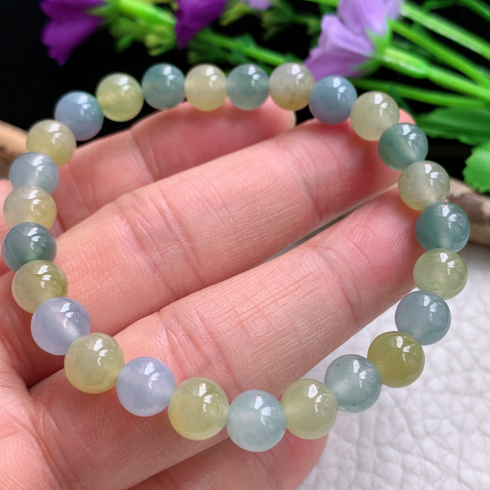 xo实拍7mm 天然缅甸翡翠冰透三彩圆珠手链 佛珠链手串 共26颗