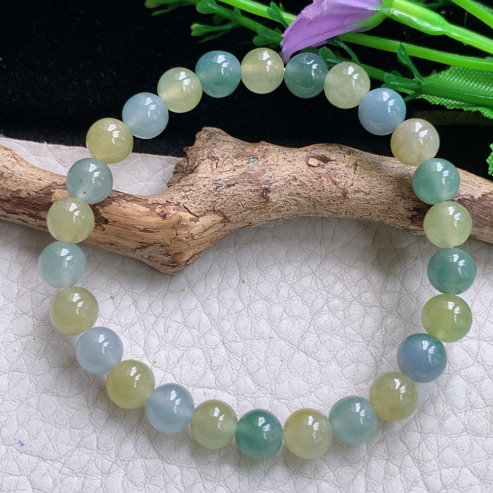 xo实拍7mm 天然缅甸翡翠冰透三彩圆珠手链 佛珠链手串 共26颗