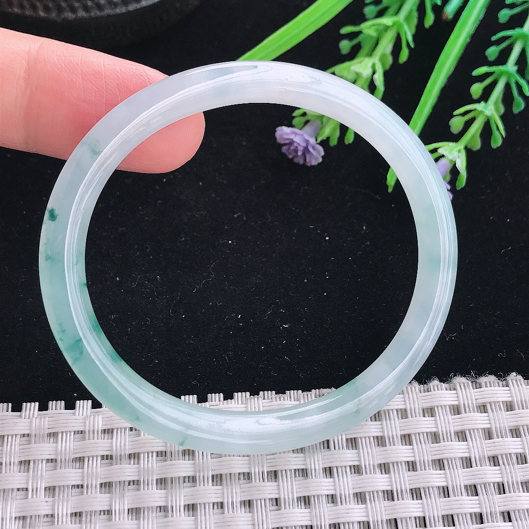 实拍A货翡翠51.5/45.5/5.1/6.1老坑冰种飘花贵妃手镯叮当镯手环