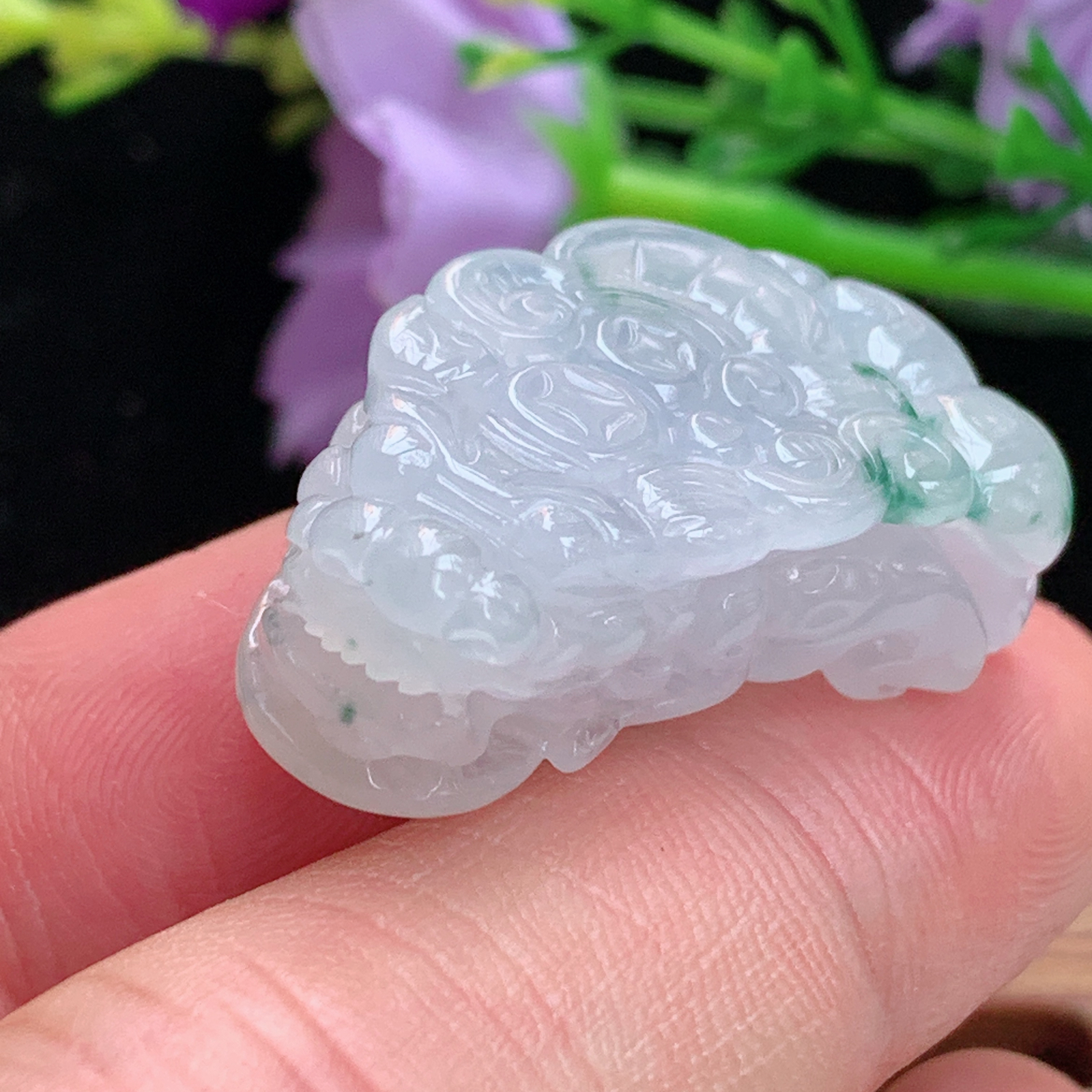 xo实拍30*16.3*9.8缅甸翡翠a货冰飘花招财貔貅 玉皮休玉挂件 玉坠