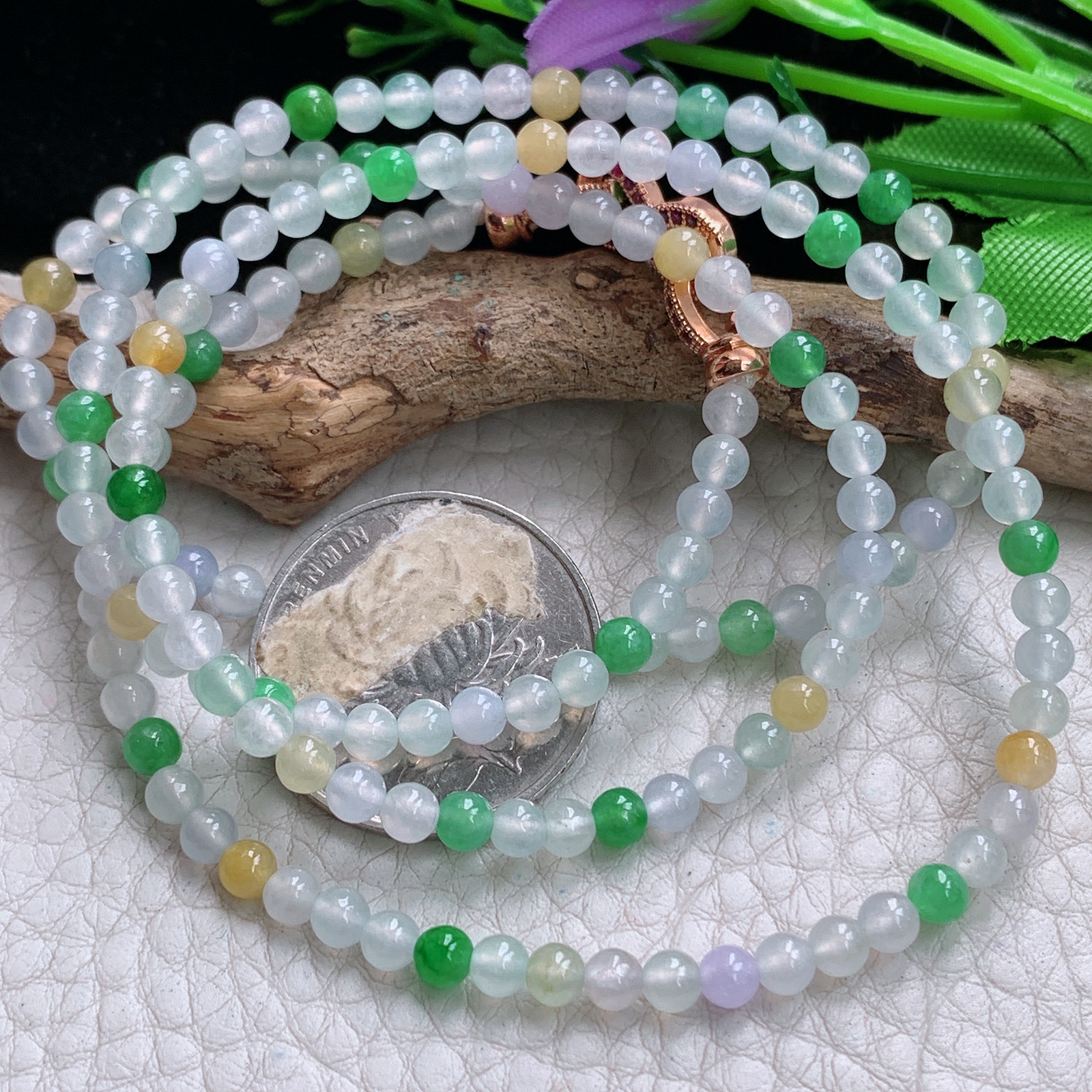 xo实拍4mm 天然缅甸翡翠冰透三彩圆珠项链 佛珠链手串毛衣链 周长约:660mm