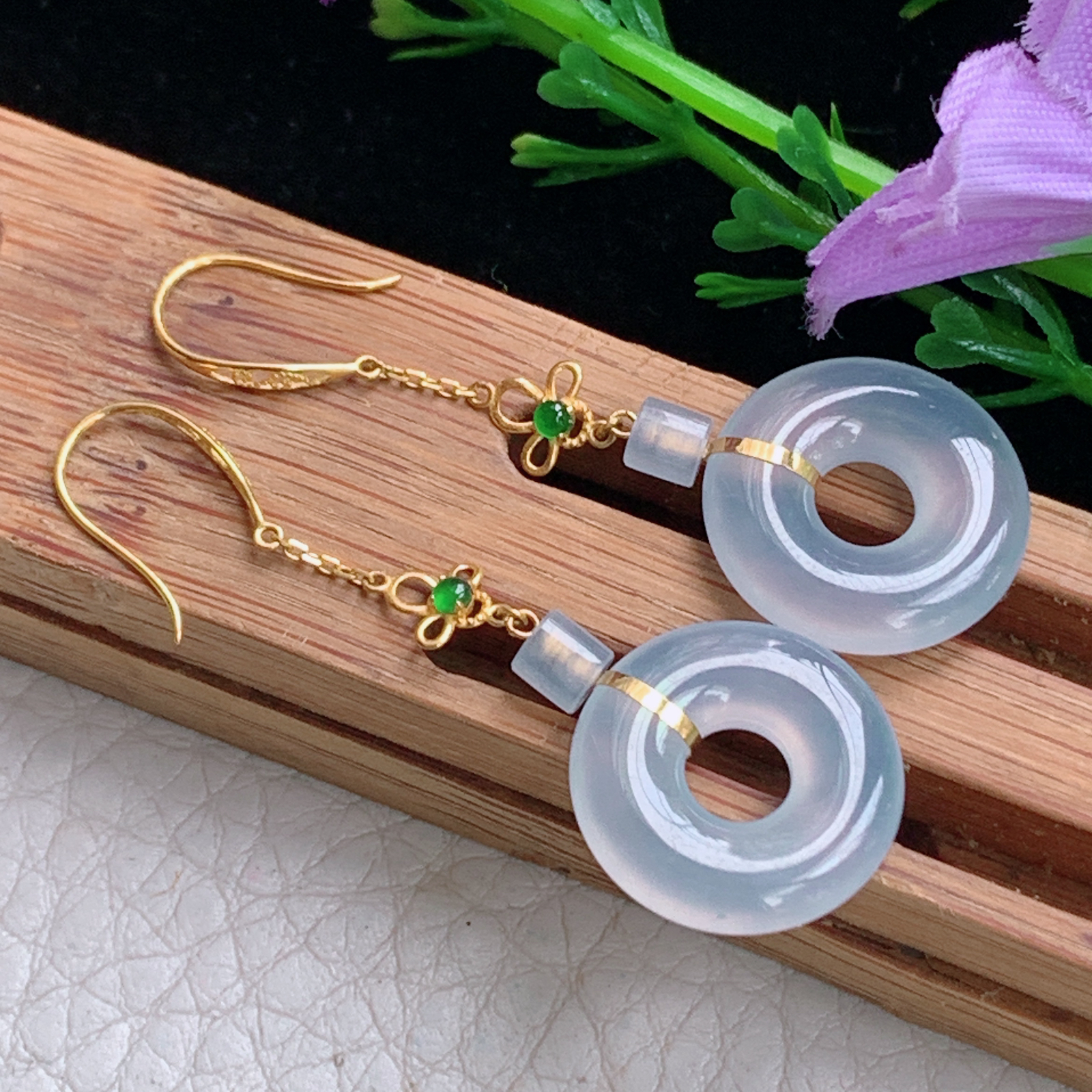 xo实拍42*14.6*3.3缅甸翡翠a货冰种起光平安扣 甜甜圈耳坠 耳饰