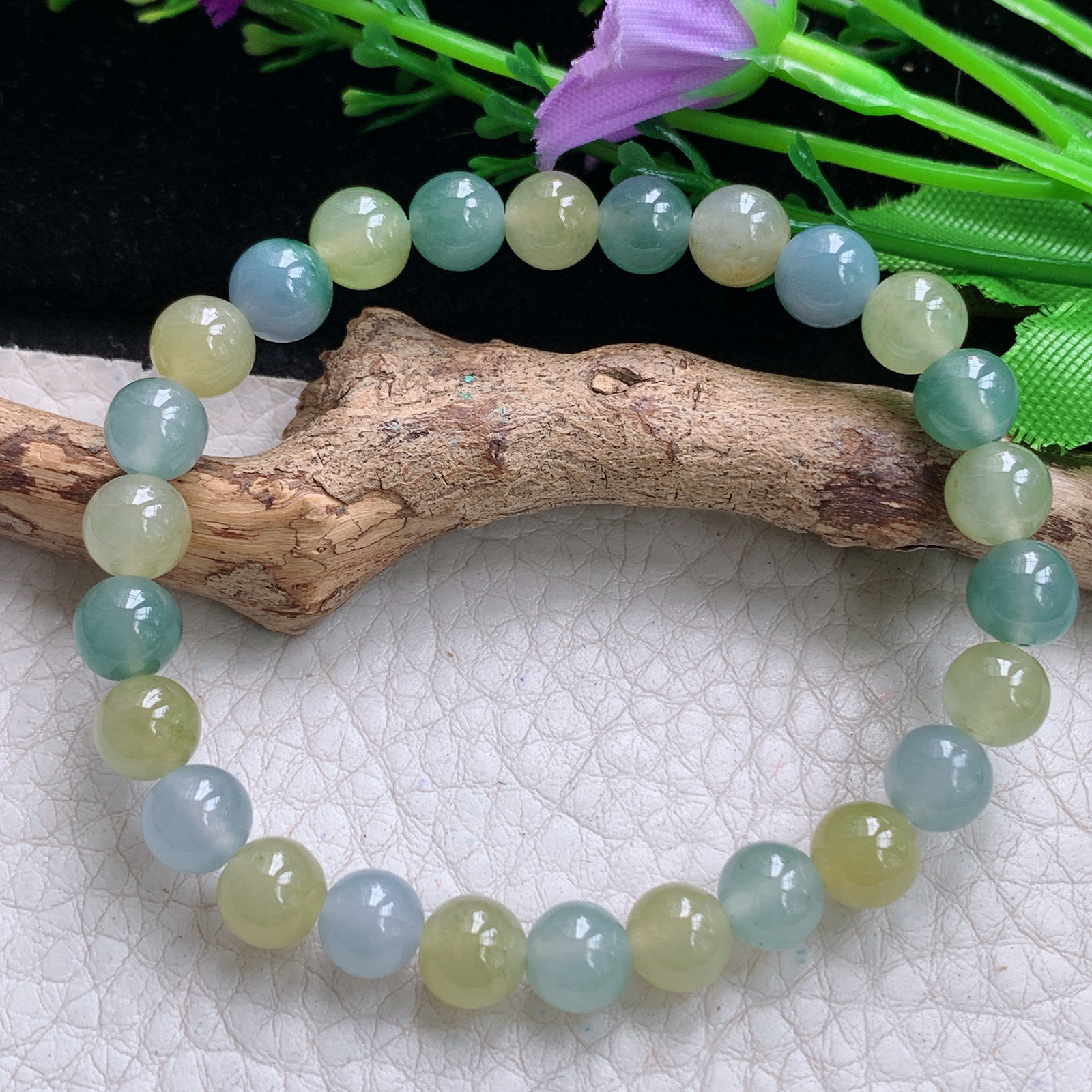 xo实拍7mm 天然缅甸翡翠冰透三彩圆珠手链 佛珠链手串 共26颗