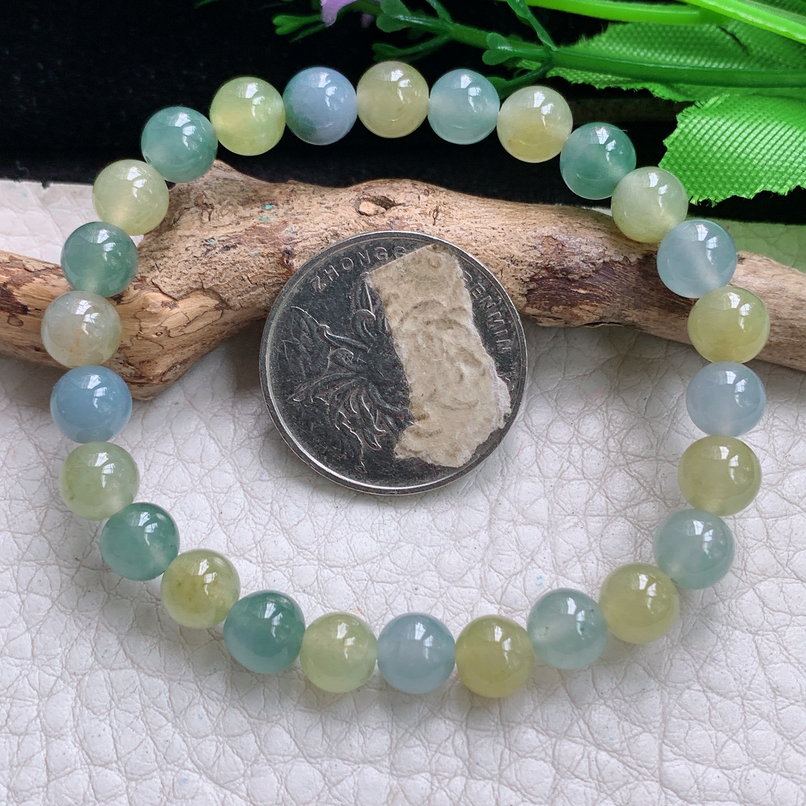 xo实拍7mm 天然缅甸翡翠冰透三彩圆珠手链 佛珠链手串 共26颗