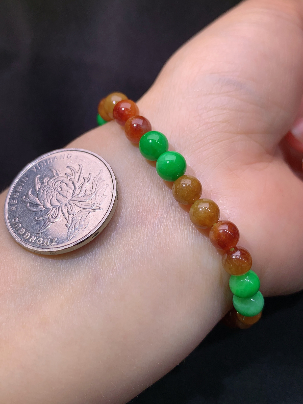 冰黄阳绿圆珠手串，手链，冰润鲜艳，种水足，Xili 尺寸6.1