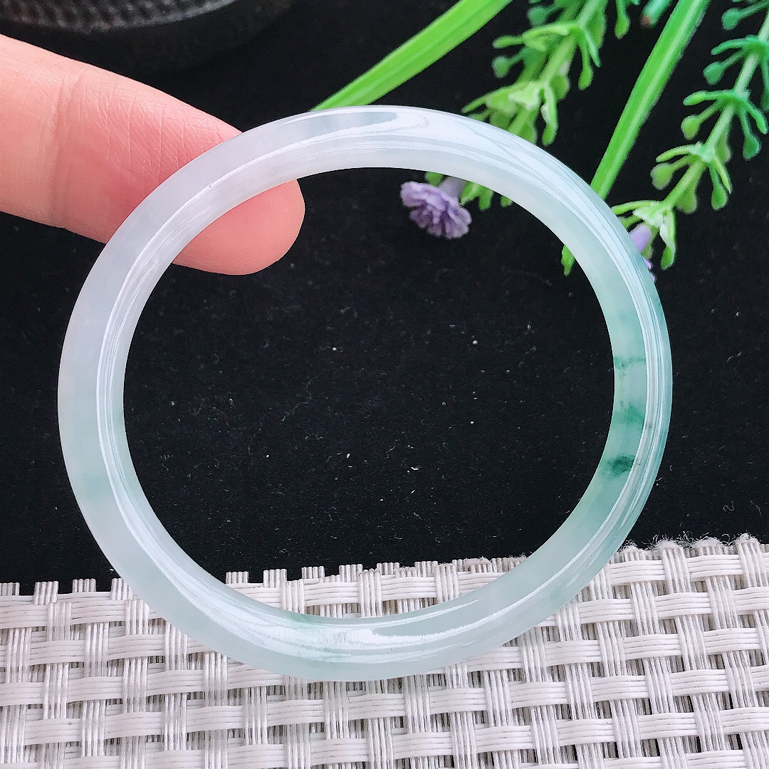 实拍A货翡翠51.5/45.5/5.1/6.1老坑冰种飘花贵妃手镯叮当镯手环