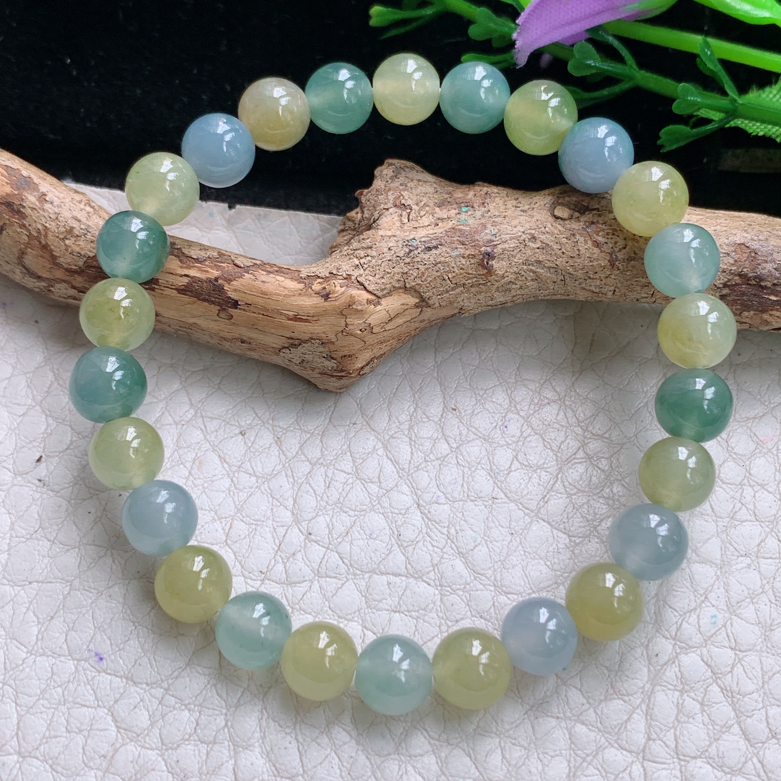 xo实拍7mm 天然缅甸翡翠冰透三彩圆珠手链 佛珠链手串 共26颗