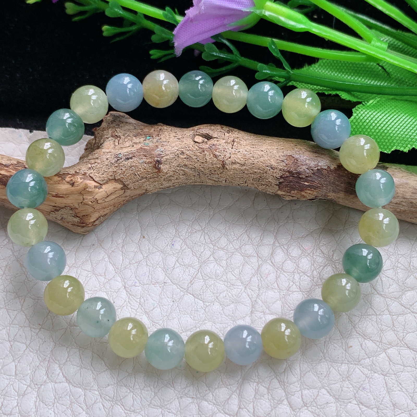 xo实拍7mm 天然缅甸翡翠冰透三彩圆珠手链 佛珠链手串 共26颗