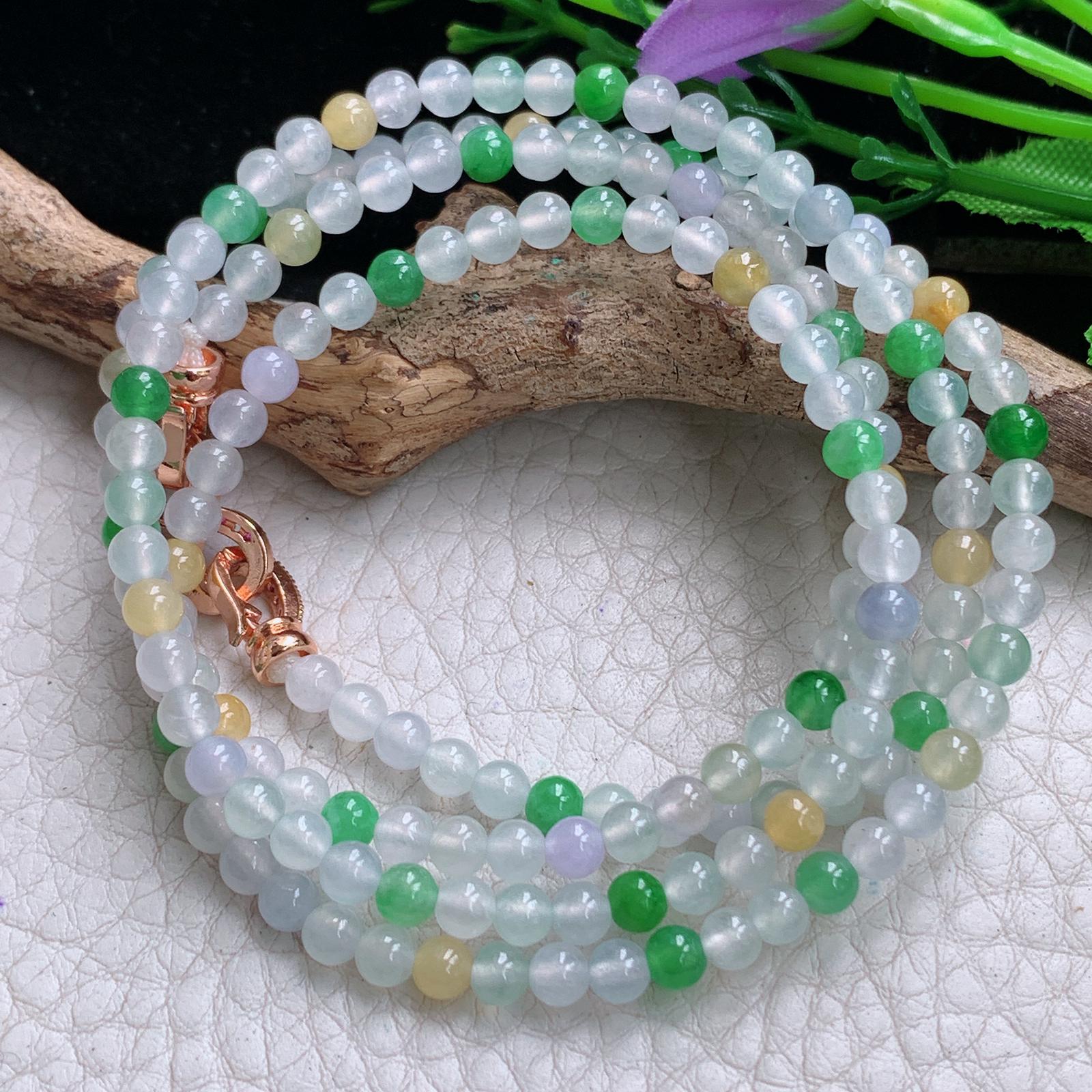 xo实拍4mm 天然缅甸翡翠冰透三彩圆珠项链 佛珠链手串毛衣链 周长约:660mm