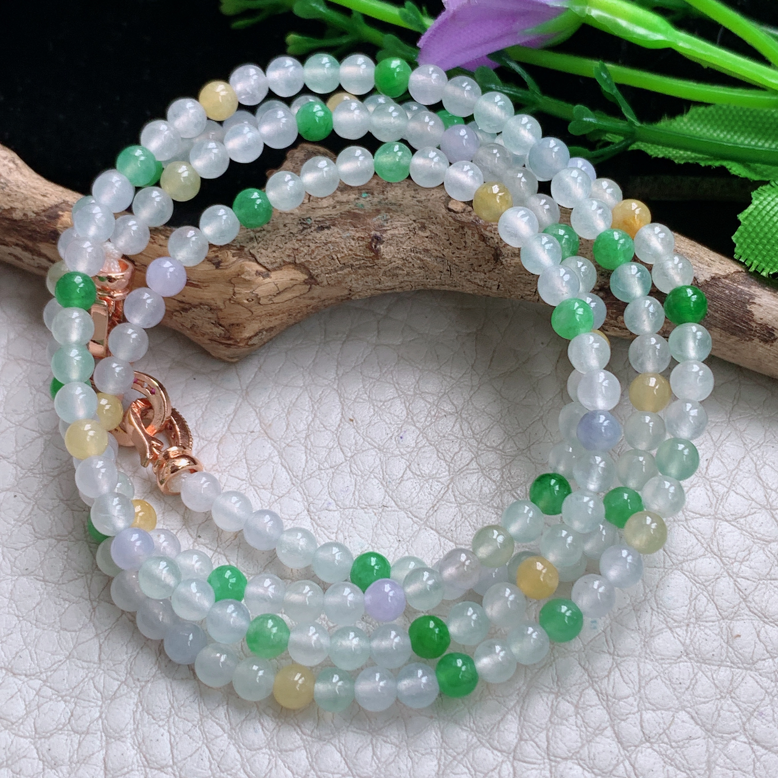 xo实拍4mm 天然缅甸翡翠冰透三彩圆珠项链 佛珠链手串毛衣链 周长约:660mm