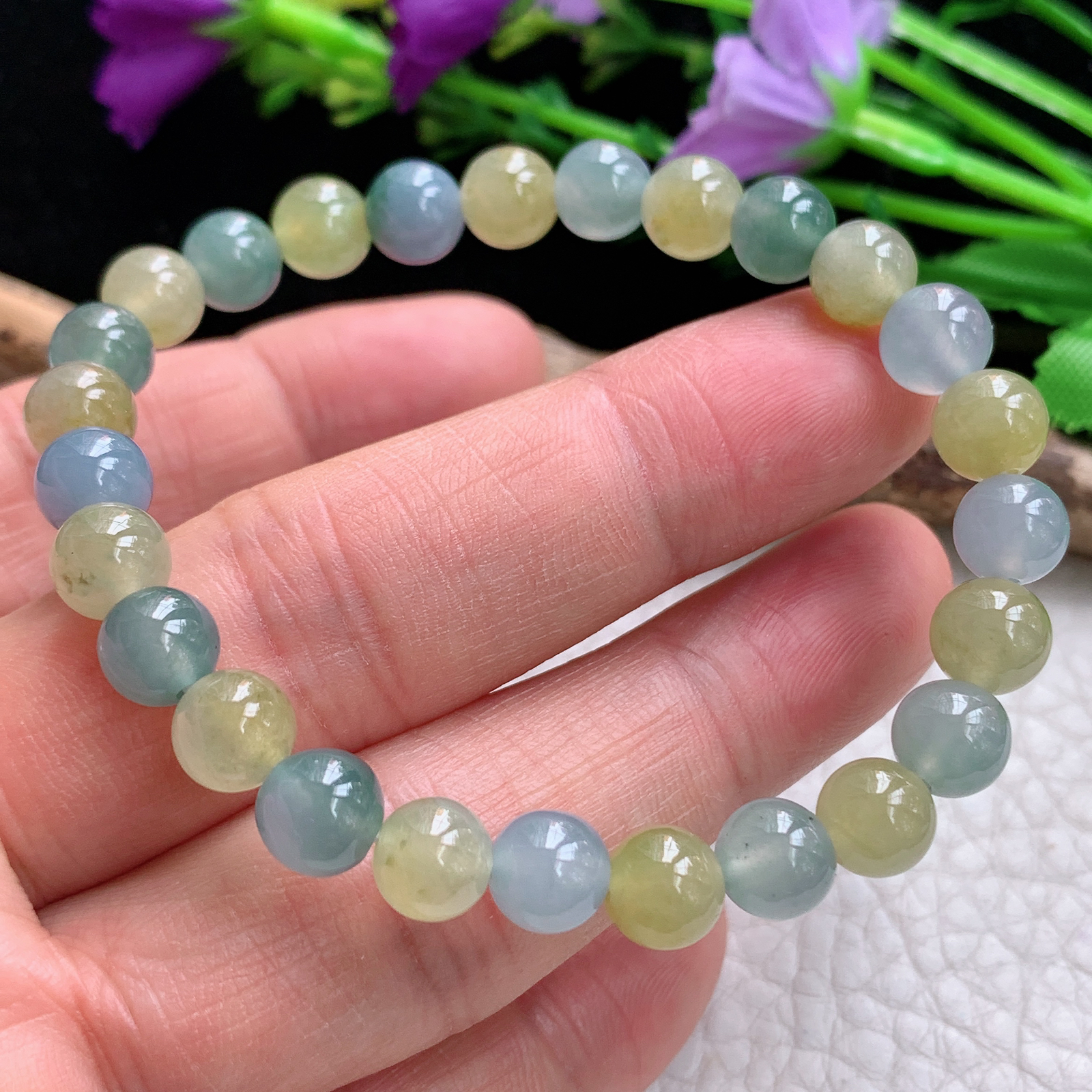 xo实拍7mm 天然缅甸翡翠冰透三彩圆珠手链 佛珠链手串 共26颗