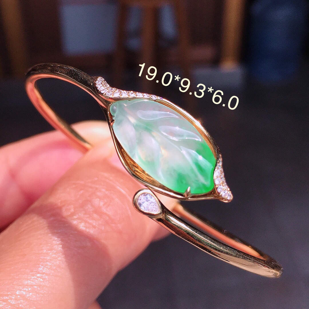 飘绿玉叶手环，色泽艳丽，玉质细腻，荧光感超
强，饱满圆润，尽显优雅气质，18k
金豪华镶嵌