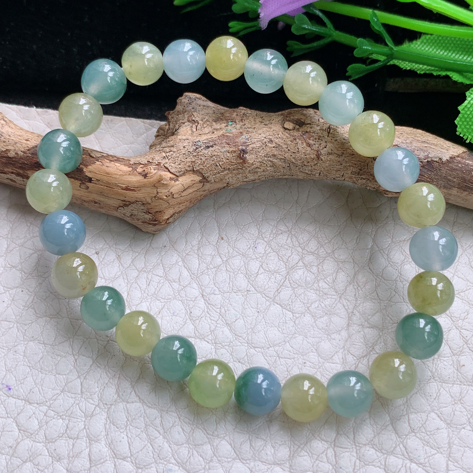 xo实拍7mm 天然缅甸翡翠冰透三彩圆珠手链 佛珠链手串 共26颗