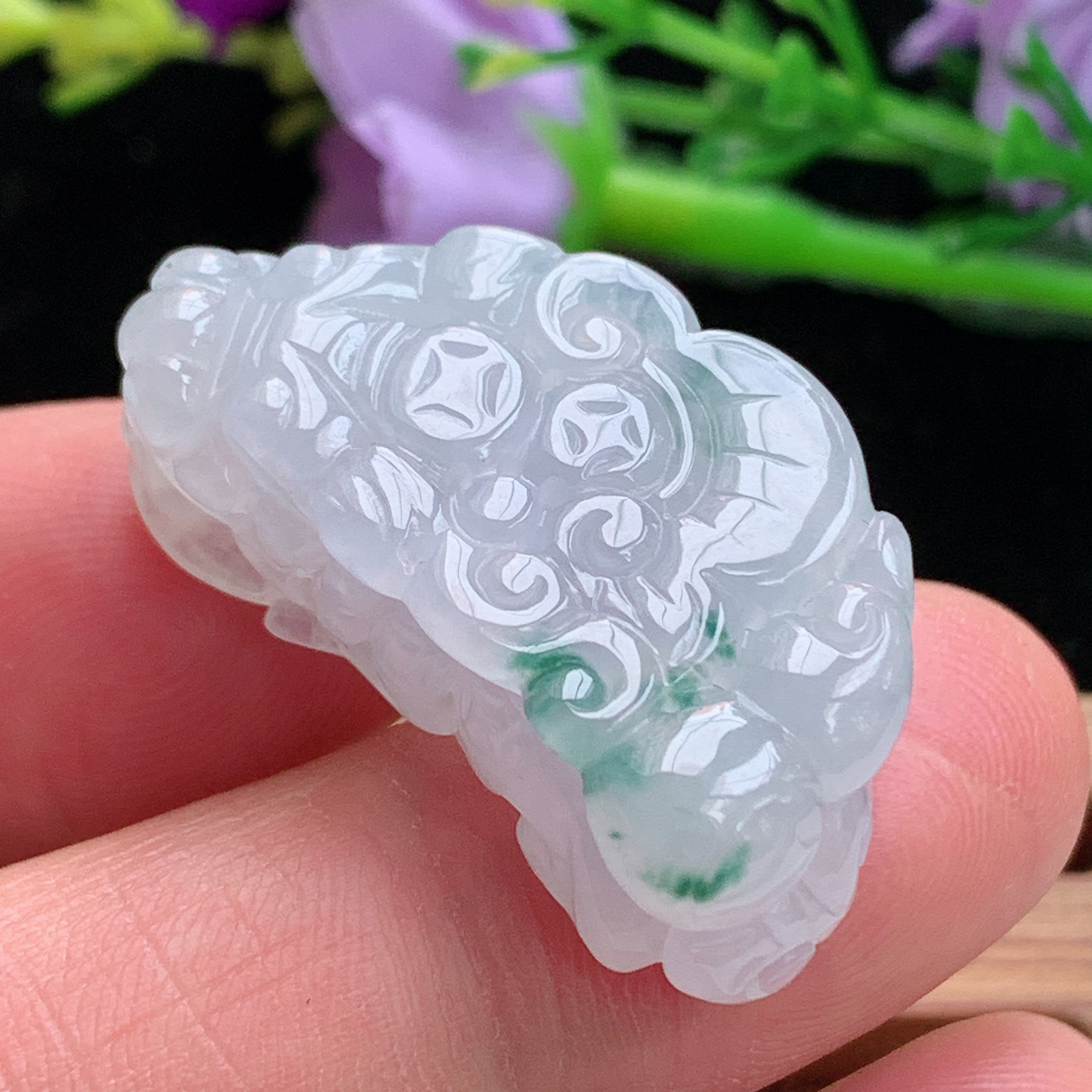 xo实拍30*16.3*9.8缅甸翡翠a货冰飘花招财貔貅 玉皮休玉挂件 玉坠