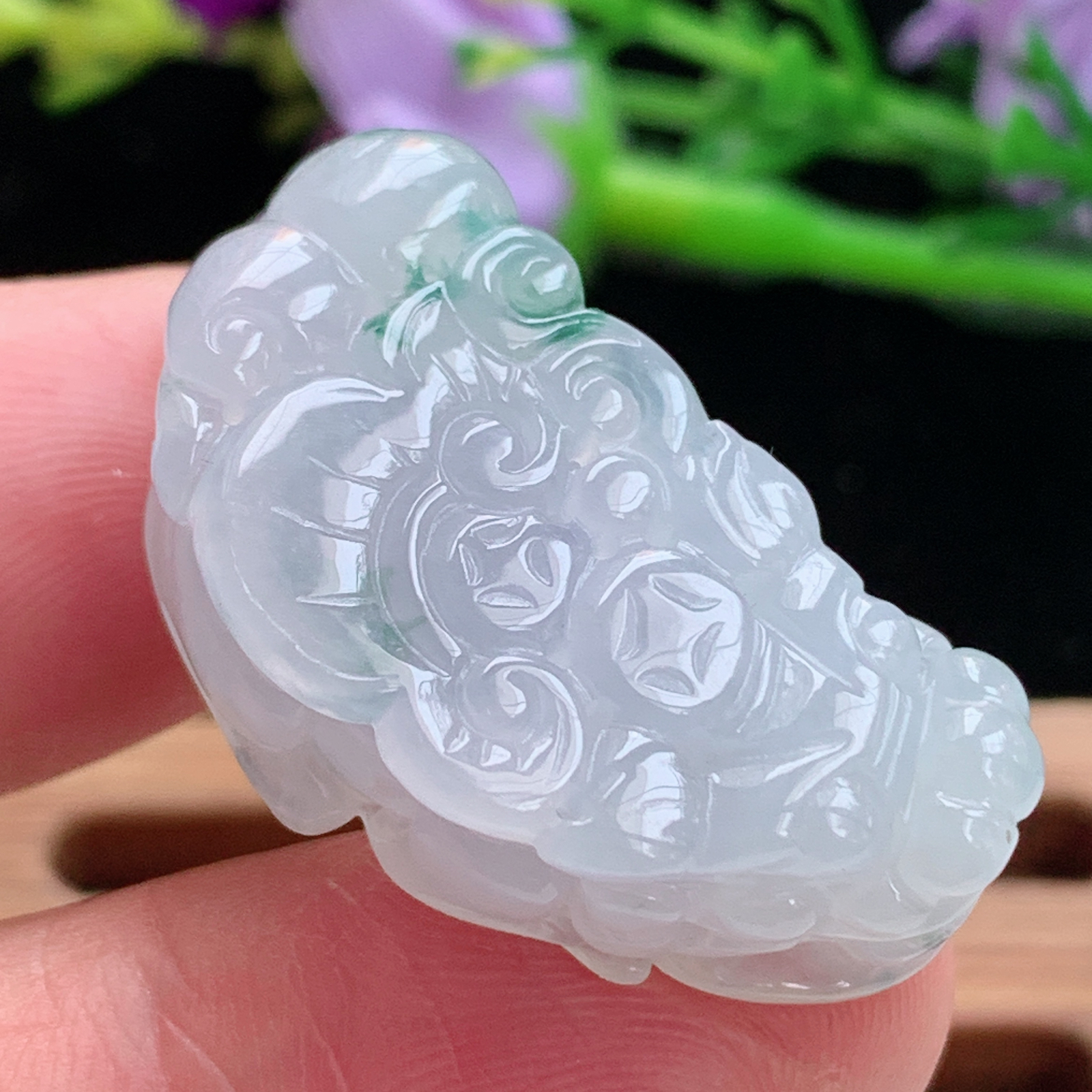 xo实拍30*16.3*9.8缅甸翡翠a货冰飘花招财貔貅 玉皮休玉挂件 玉坠