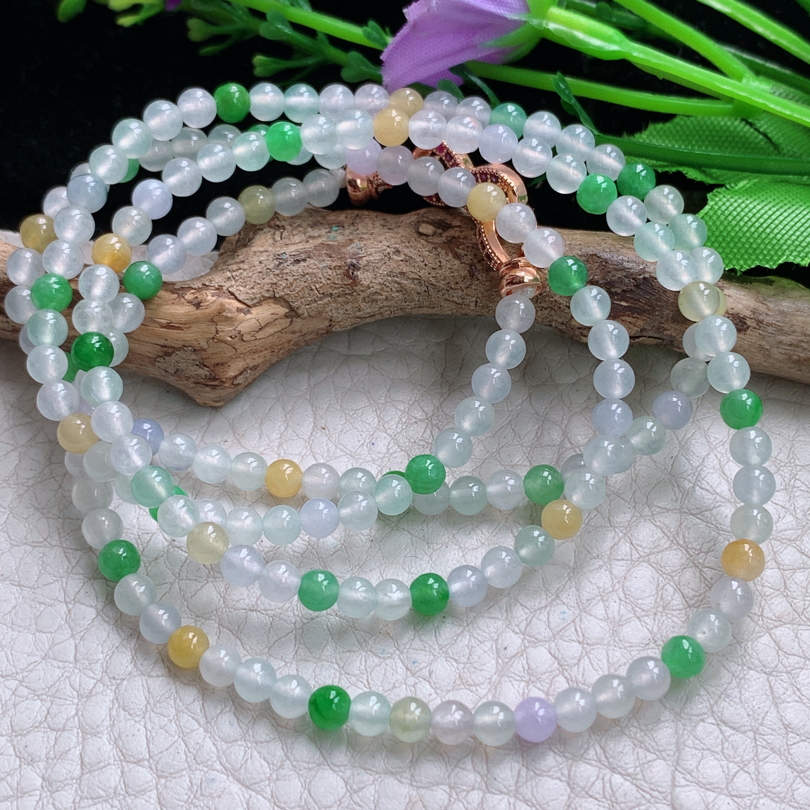 xo实拍4mm 天然缅甸翡翠冰透三彩圆珠项链 佛珠链手串毛衣链 周长约:660mm