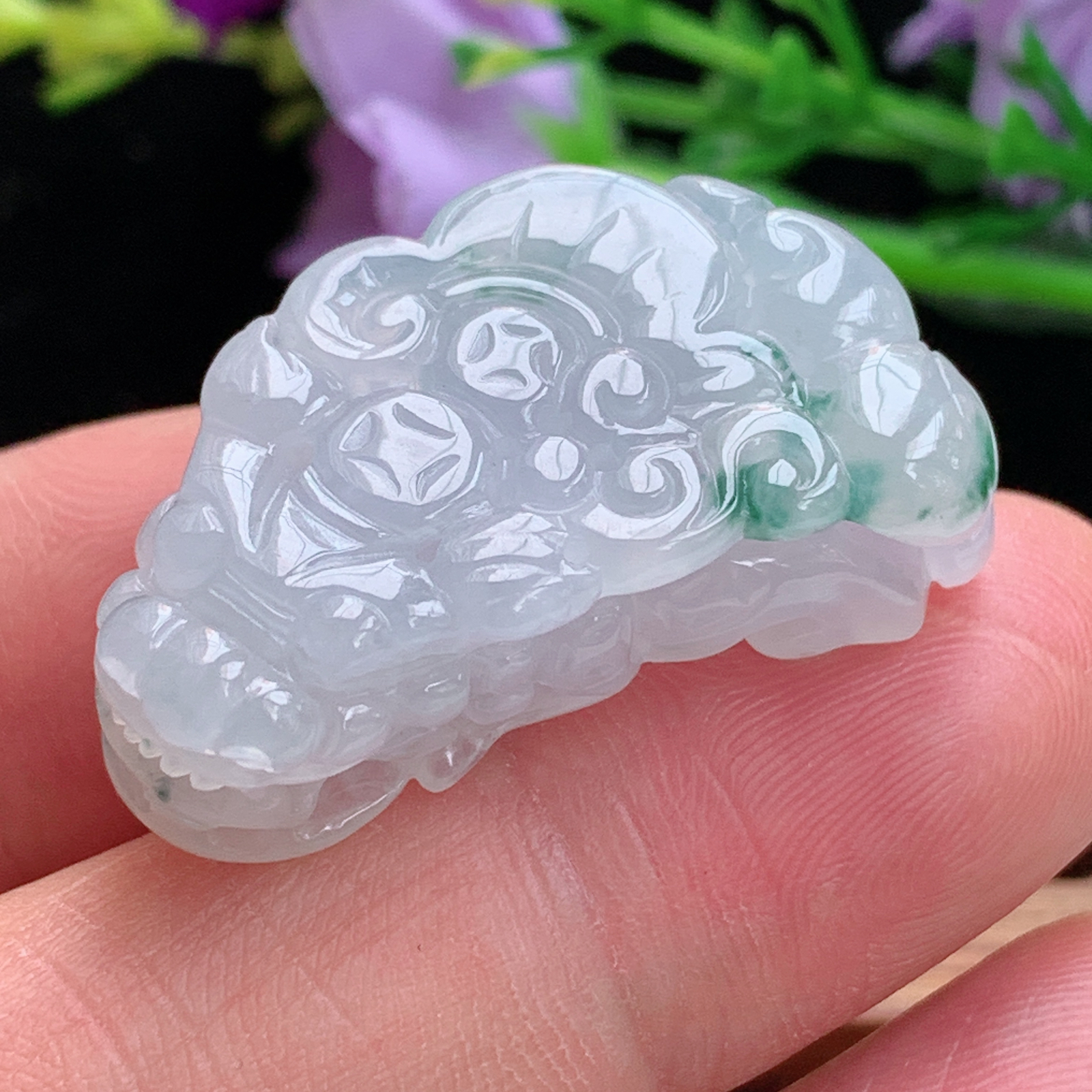 xo实拍30*16.3*9.8缅甸翡翠a货冰飘花招财貔貅 玉皮休玉挂件 玉坠