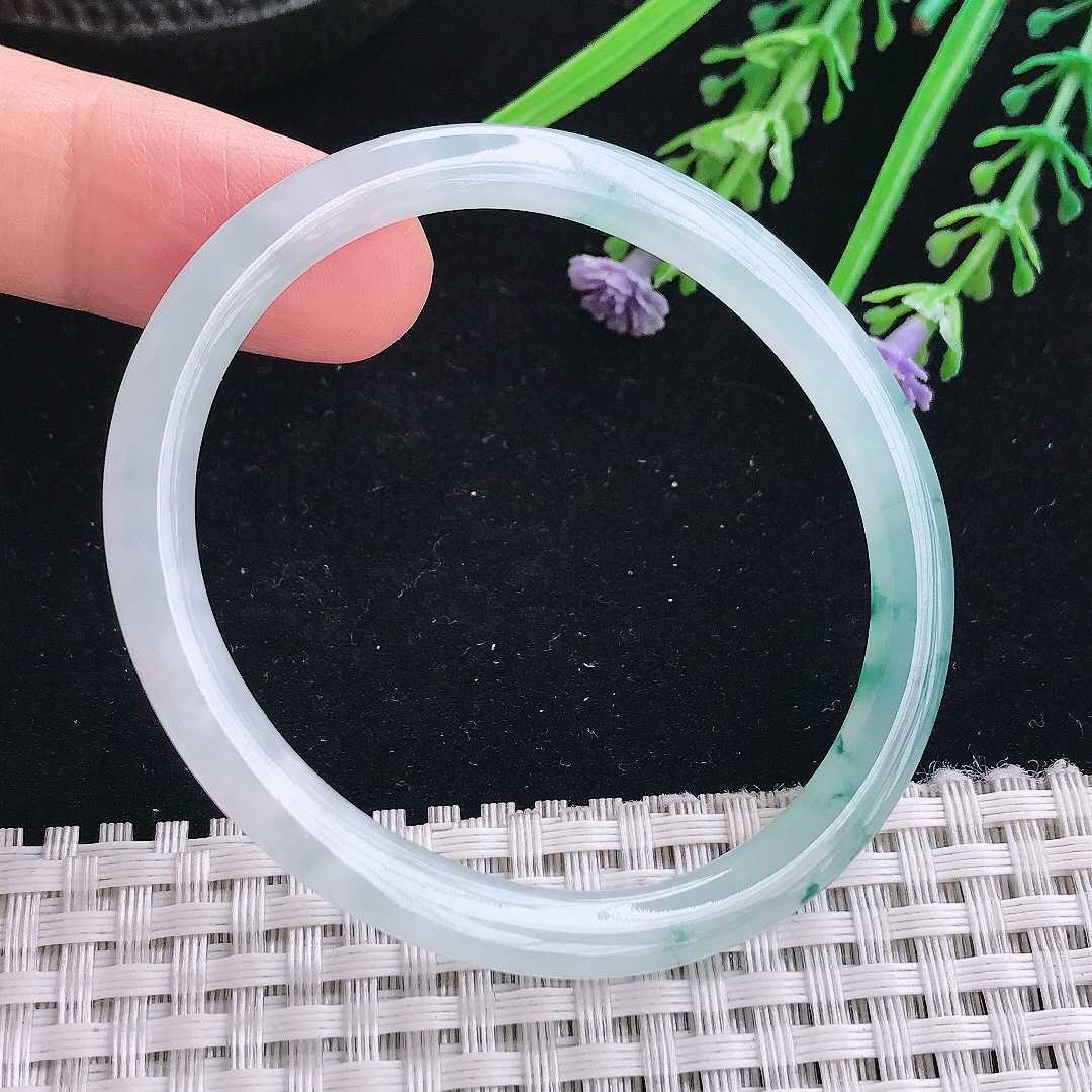 实拍A货翡翠51.5/45.5/5.1/6.1老坑冰种飘花贵妃手镯叮当镯手环