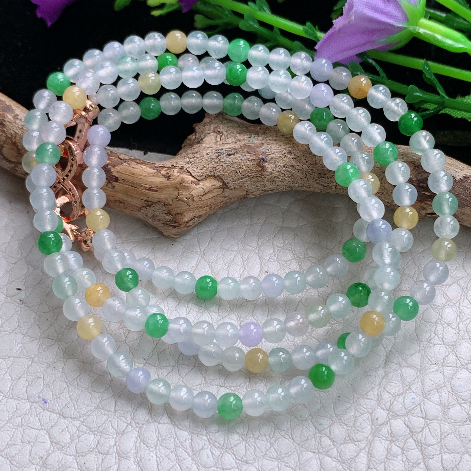 xo实拍4mm 天然缅甸翡翠冰透三彩圆珠项链 佛珠链手串毛衣链 周长约:660mm