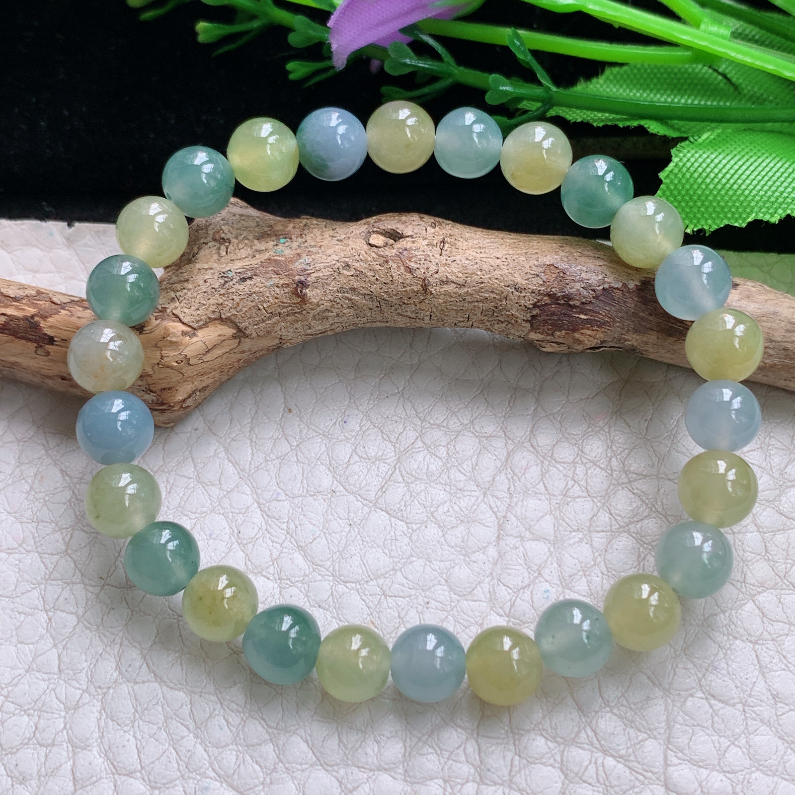 xo实拍7mm 天然缅甸翡翠冰透三彩圆珠手链 佛珠链手串 共26颗