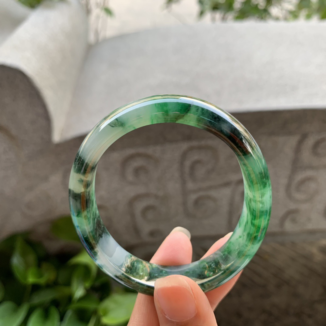 圈口54.6-48.8-12.8-6.7 【水墨画飘绿贵妃手镯】贵妃54 55可戴