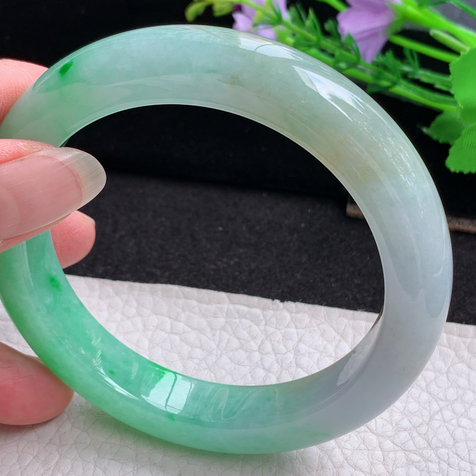 ss大圈口62*12.6*10平安镯 天然缅甸翡翠A货玉手镯三彩大气正圈玉手环