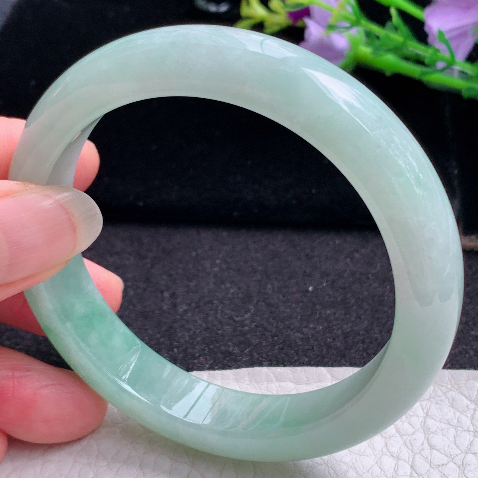 z清新款57*12.3*8平安镯 天然缅甸翡翠A货玉手镯冰绿正圈玉手环