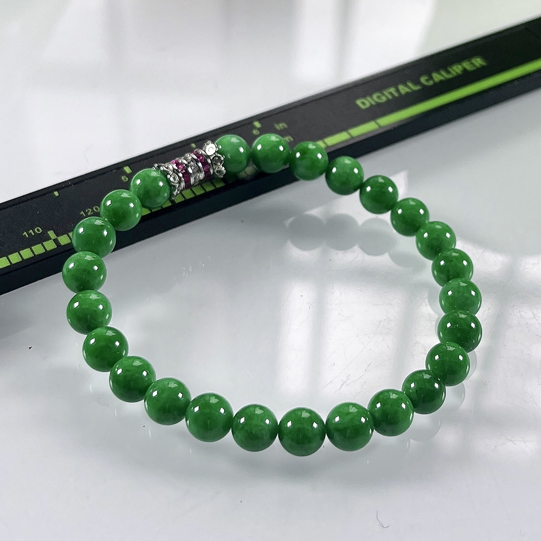 缅甸天然翡翠A货，卡6.6冰润满绿浓阳绿圆珠手串手链，尺寸：6.6mm/25颗，长度173mm，重量