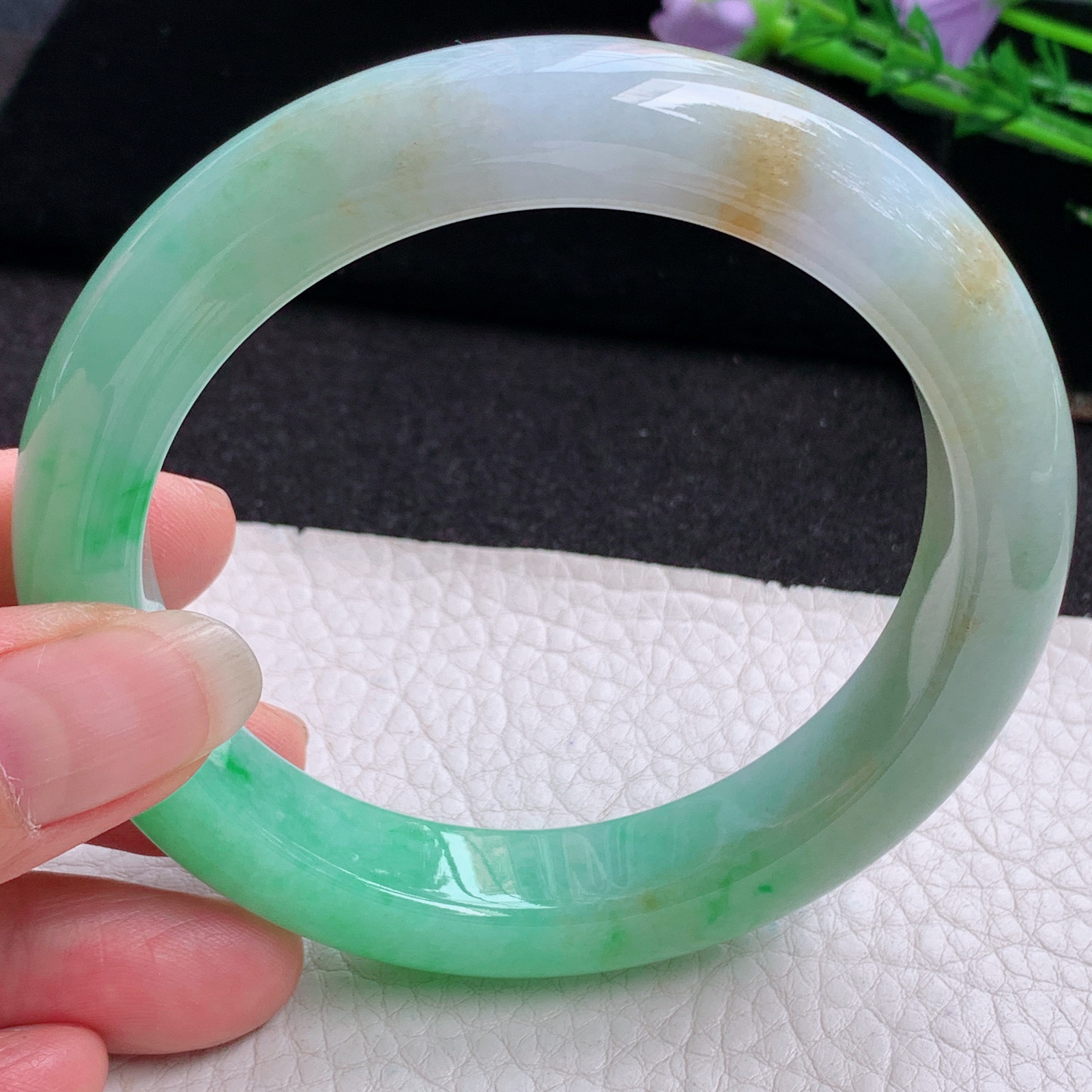 ss大圈口62*12.6*10平安镯 天然缅甸翡翠A货玉手镯三彩大气正圈玉手环