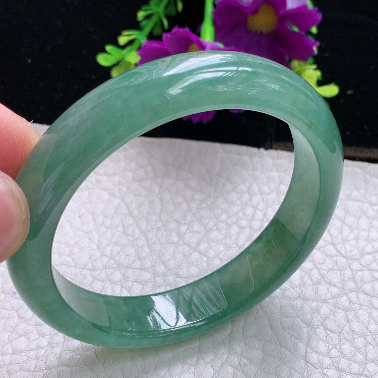 n实拍54*12.5*7.5平安镯 天然缅甸翡翠A货手镯冰透蓝绿正圈玉镯