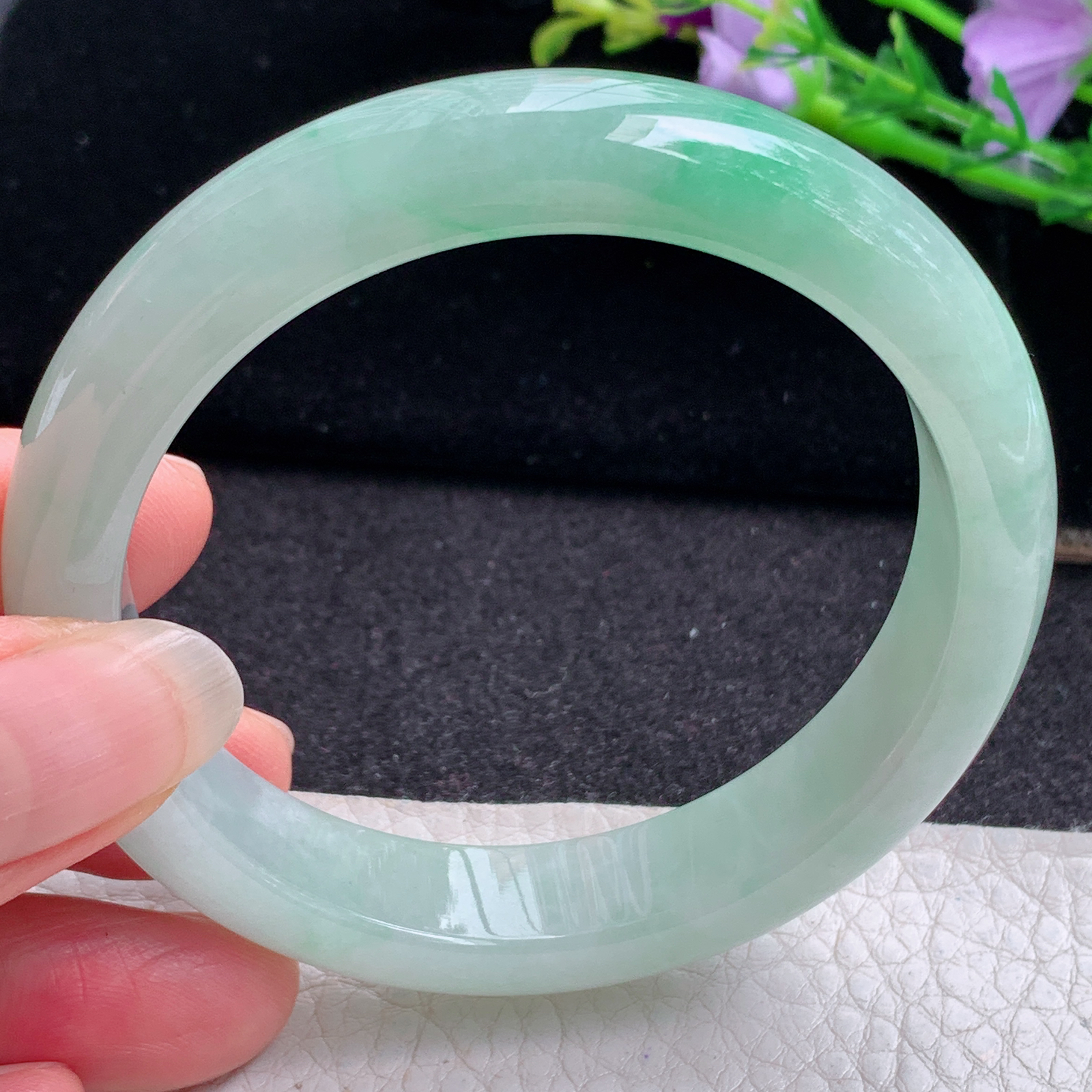 z清新款57*12.3*8平安镯 天然缅甸翡翠A货玉手镯冰绿正圈玉手环