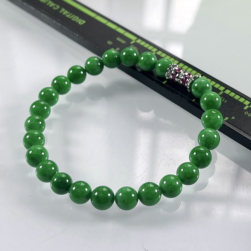 缅甸天然翡翠A货，卡6.6冰润满绿浓阳绿圆珠手串手链，尺寸：6.6mm/25颗，长度173mm，重量：14.00g