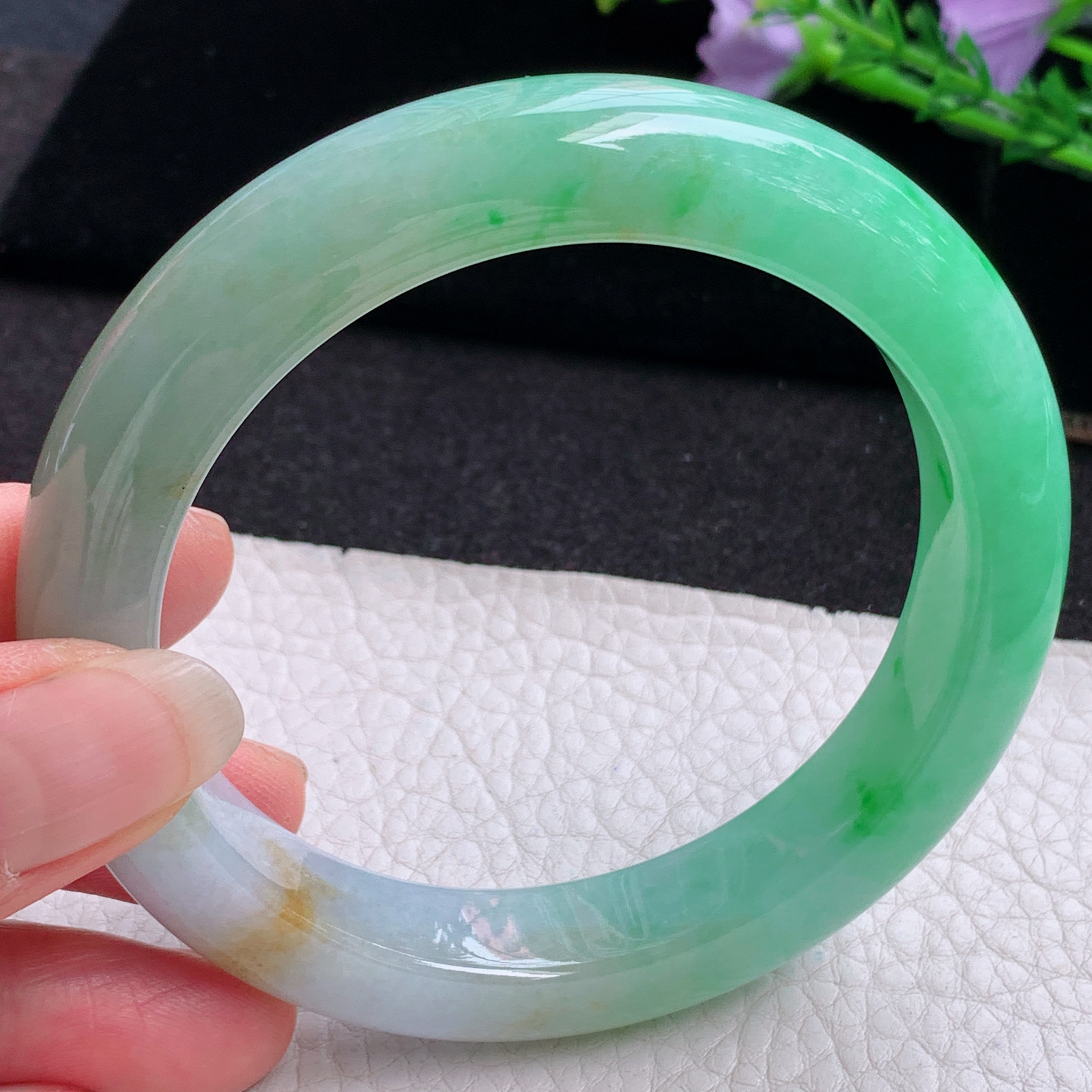 ss大圈口62*12.6*10平安镯 天然缅甸翡翠A货玉手镯三彩大气正圈玉手环