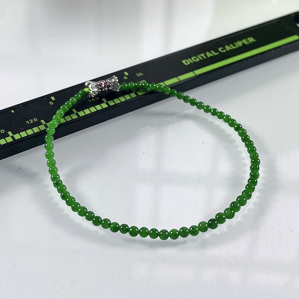 缅甸天然翡翠A货，卡2.7冰种满绿帝王绿小米珠小圆珠手串手链，尺寸：2.7mm/68颗，长度175mm，重量：2.70g