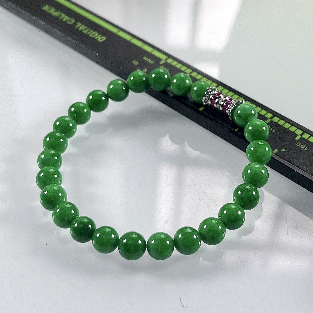 缅甸天然翡翠A货，卡6.6冰润满绿浓阳绿圆珠手串手链，尺寸：6.6mm/25颗，长度173mm，重量：14.00g