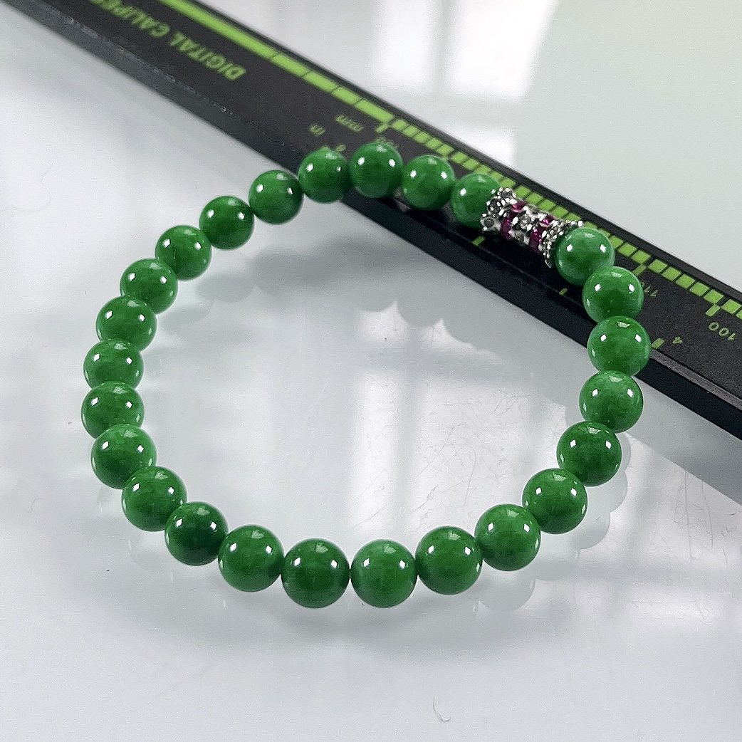 缅甸天然翡翠A货，卡6.6冰润满绿浓阳绿圆珠手串手链，尺寸：6.6mm/25颗，长度173mm，重量：14.00g