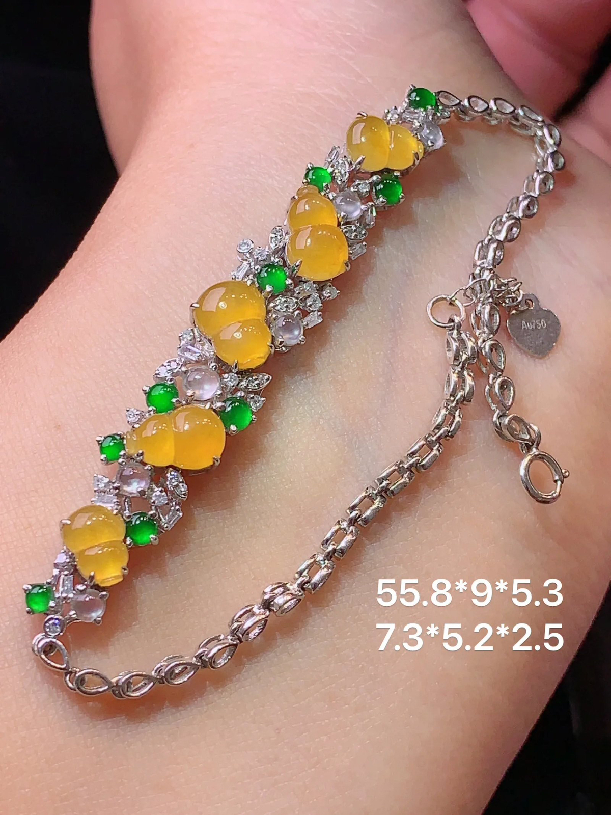 18k金钻镶嵌黄翡葫芦手链 玉质细腻 色泽艳丽 整体尺寸55.8*9*5.3