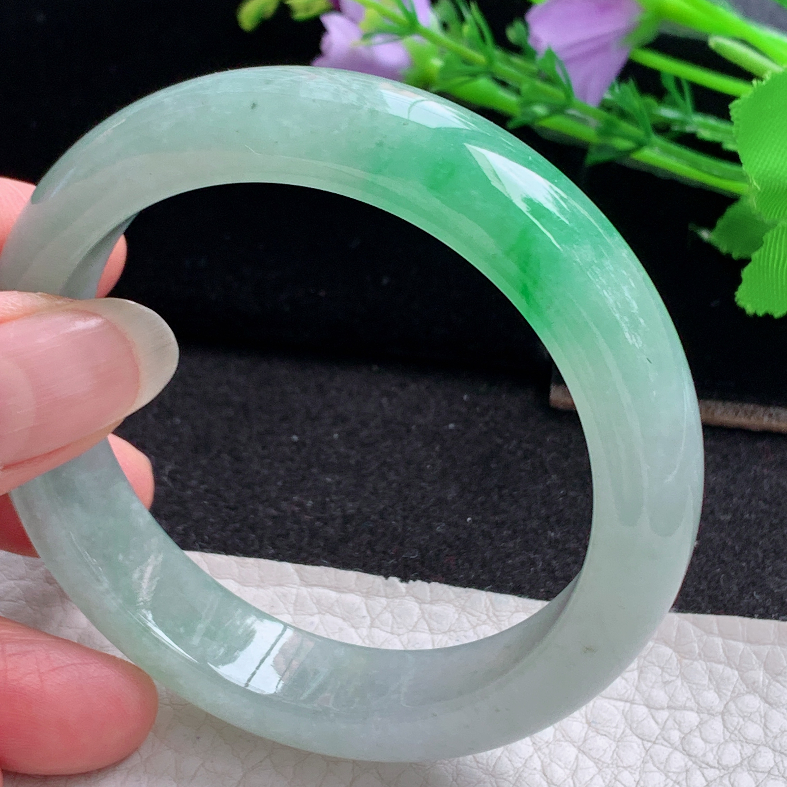 r实拍54.5*13*8.2平安镯 天然缅甸翡翠A货玉手镯冰阳绿正圈玉手环