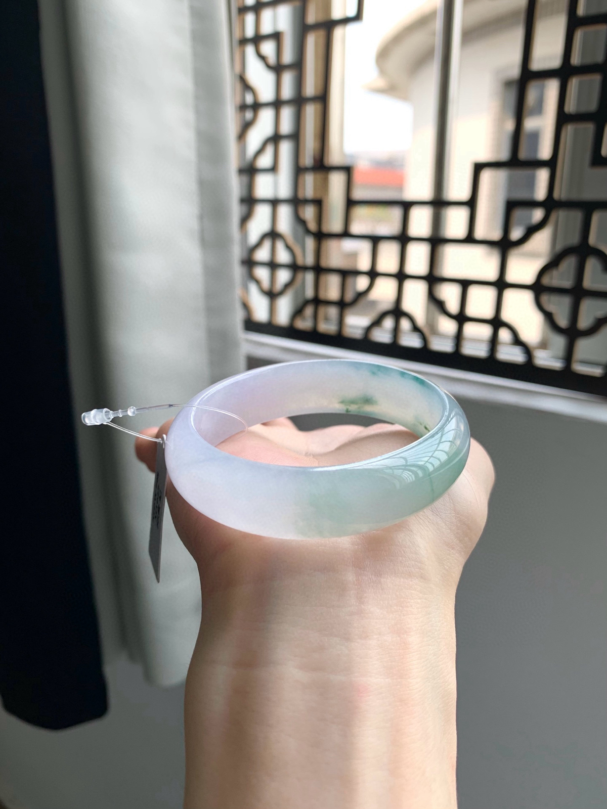 贵妇54.7冰紫底宽版贵妃飘蓝绿花手镯，正圈53-52可佩戴