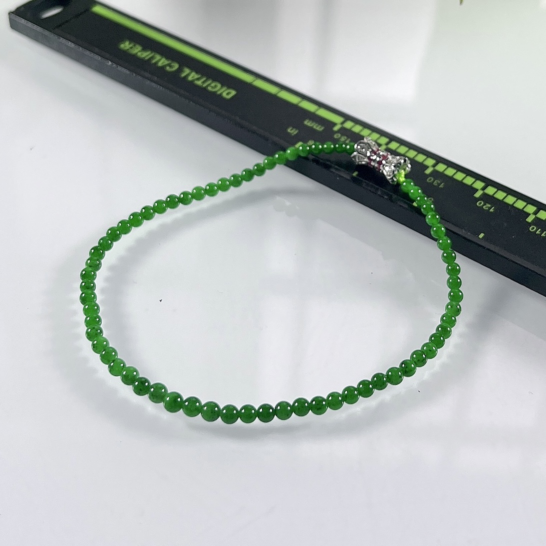 缅甸天然翡翠A货，卡2.7冰种满绿帝王绿小米珠小圆珠手串手链，尺寸：2.7mm/68颗，长度175mm，重量：2.70g