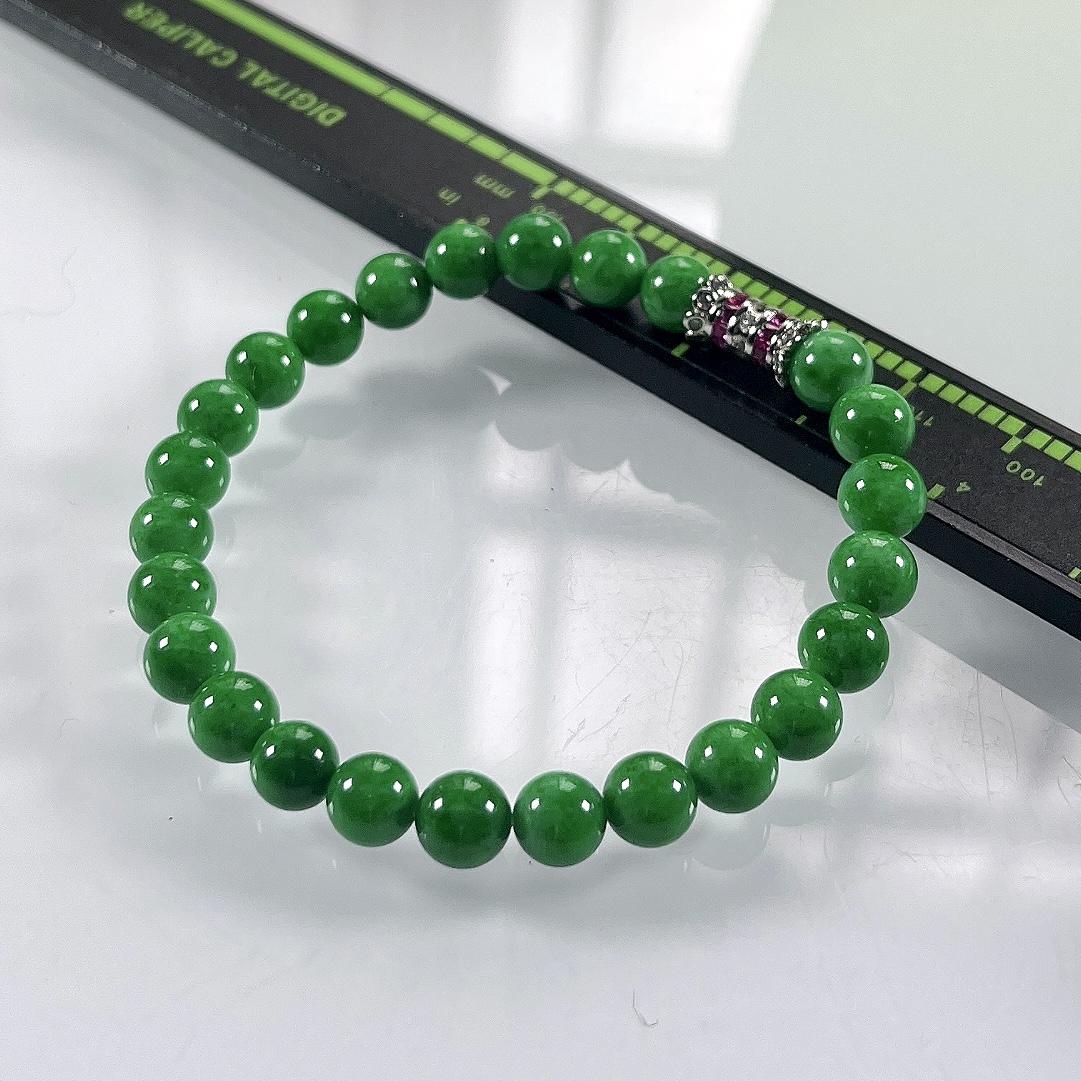 缅甸天然翡翠A货，卡6.6冰润满绿浓阳绿圆珠手串手链，尺寸：6.6mm/25颗，长度173mm，重量：14.00g