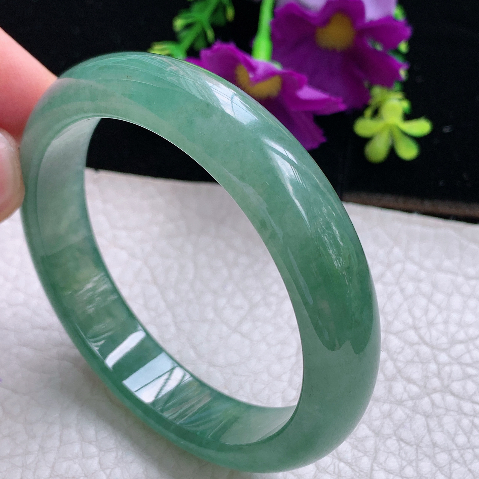 n实拍54*12.5*7.5平安镯 天然缅甸翡翠A货手镯冰透蓝绿正圈玉镯