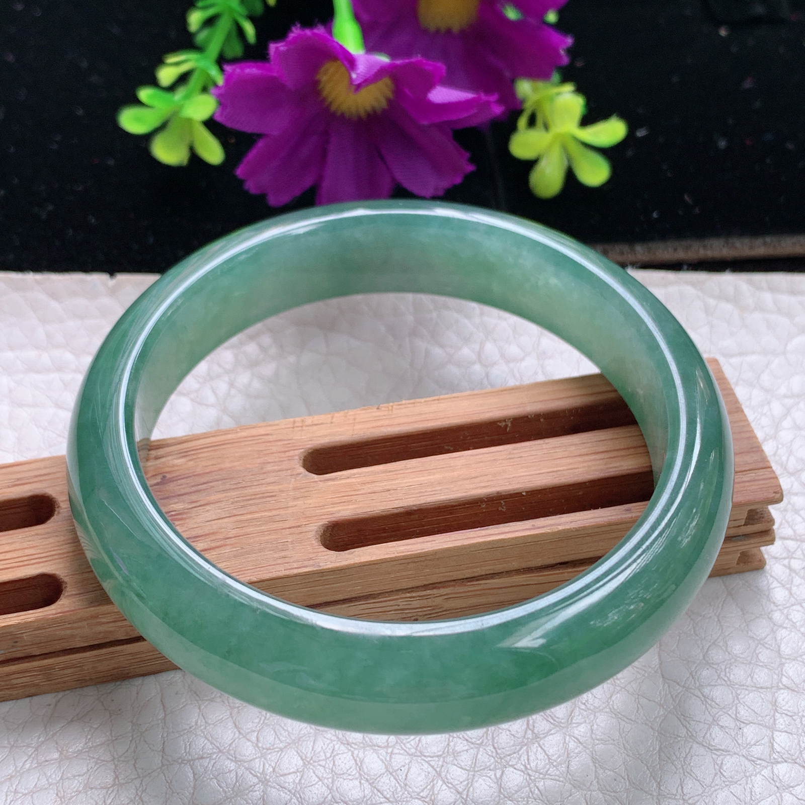 n实拍54*12.5*7.5平安镯 天然缅甸翡翠A货手镯冰透蓝绿正圈玉镯